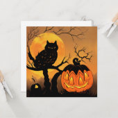 Halloween. Eule im Baum mit Kürbis. Mond. Karte (Vorderseite/Rückseite Beispiel)