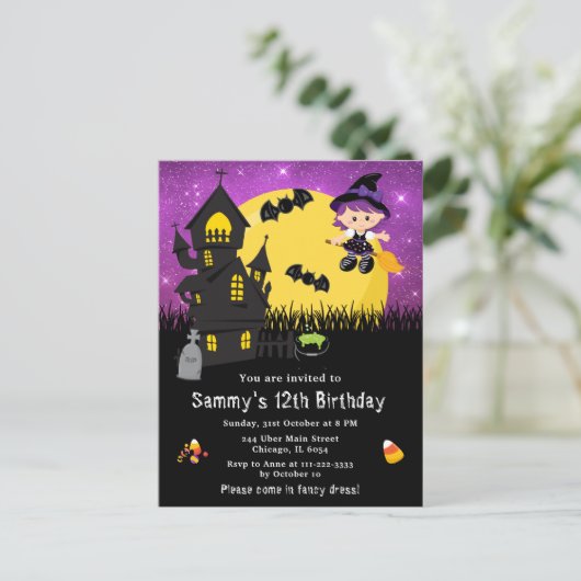 Halloween Extravagantes Kleid Birthday Hexe Lila Postkarte (Stehend Vorderseite)