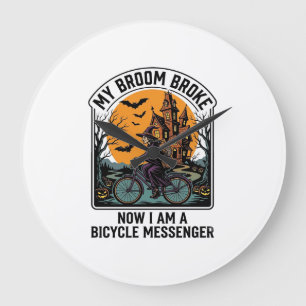 Halloween-Fahrradbote Lustiger Hexenbesen zerbroch Große Wanduhr