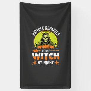 Halloween Fahrradreparateur bei Tag Hexe bei Nacht Banner
