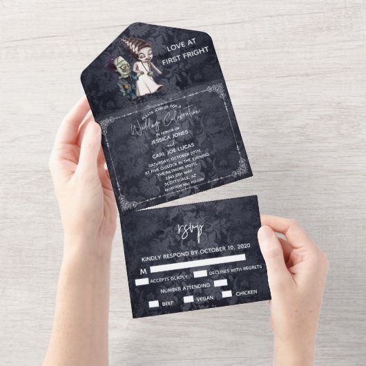 Halloween Fall Oktober Frankenstein Bride Couple All In One Einladung (Abreißen)