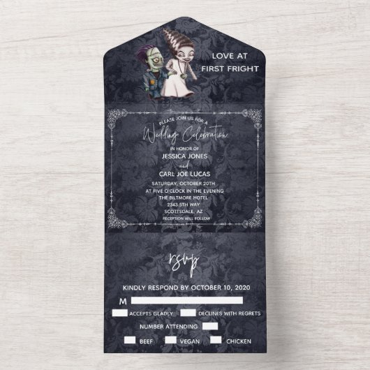 Halloween Fall Oktober Frankenstein Bride Couple All In One Einladung (Innen Boden)