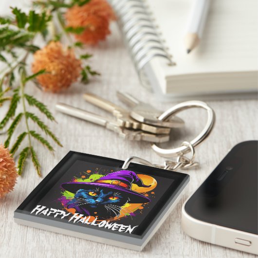 Halloween farbenfrohe majestätische Schwarze Katze Schlüsselanhänger (Vorderseite rechts)