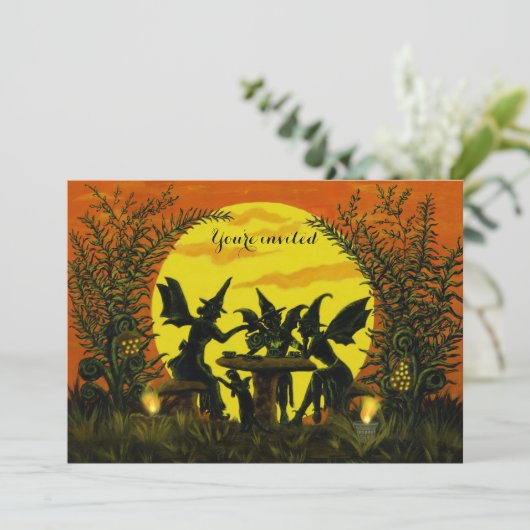 Halloween Feenwitches Einladungen (Stehend Vorderseite)