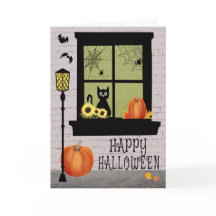 Halloween-Fenster mit Schwarzer Katze und Kürbisku