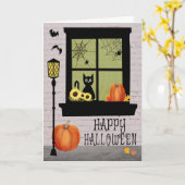 Halloween-Fenster mit Schwarzer Katze und Kürbisku Karte (Gelbe Blume)