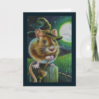 Halloween Field Mouse Broom Watercolor Art