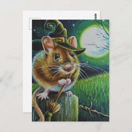 Halloween Field Mouse Broom Watercolor Art Postkarte (Vorne/Hinten)
