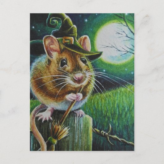 Halloween Field Mouse Broom Watercolor Art Postkarte (Vorderseite)