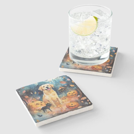 Halloween Finnischer Lappund mit Pumpkins Beängsti Steinuntersetzer (Seitenansicht)