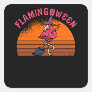 Halloween Flamingo Flamingoween Hexe Broom Retro Quadratischer Aufkleber