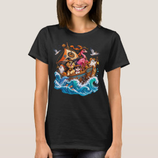 Halloween Flamingo Hund Katze Holzboot Ozean Fahrt T-Shirt