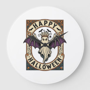 Halloween-Fledermaus-Geist Vintage-Stich-Shirt_1 Große Wanduhr
