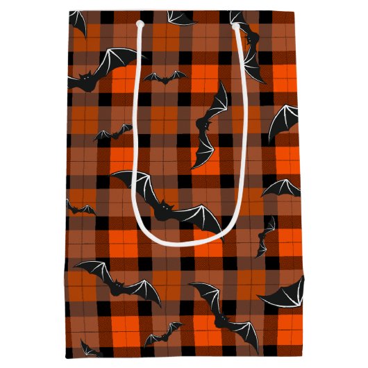 Halloween-Fledermäuse auf Kariert Mittlere Geschenktüte (Rückseite)