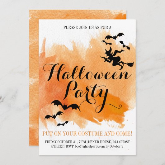 Halloween-Fledermäuse und Hexenwasserfarbe Einladung (Vorne/Hinten)