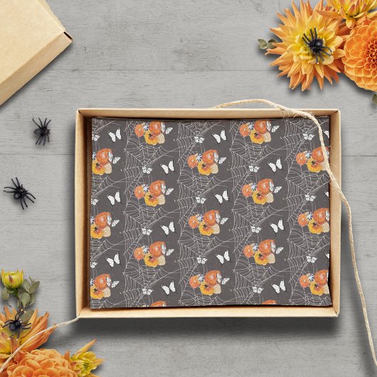 Halloween Floral Butterfly Spider Web Gray Orange Seidenpapier
