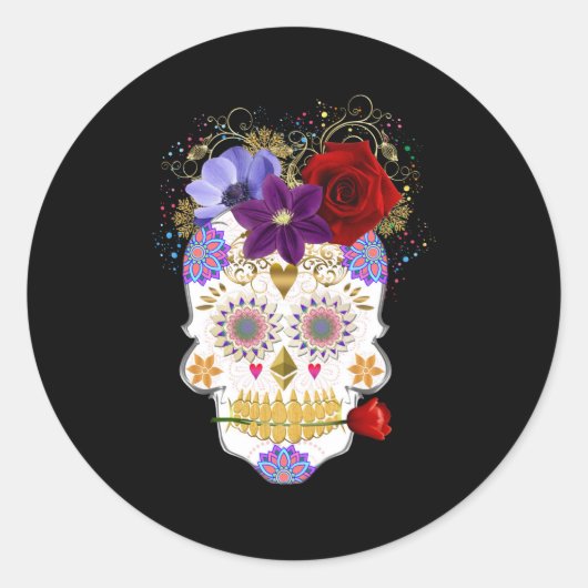 Halloween Floral Sugar Skull Classic Round Sticker (Vorderseite)