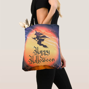 Halloween Flying Witz Broom Pumpkin Tote Bag Tasche