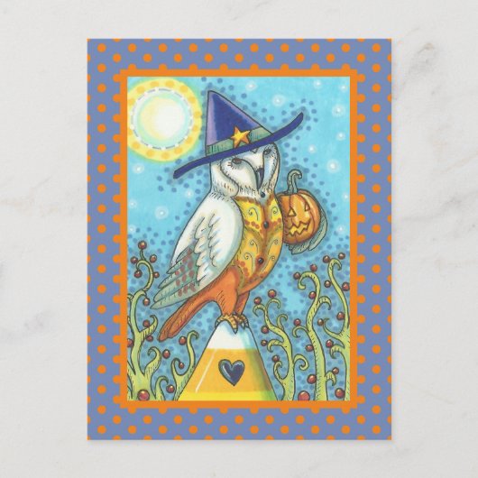 HALLOWEEN FOLK ART BARN OWL & CANDY CORN POSTKARTE (Vorderseite)