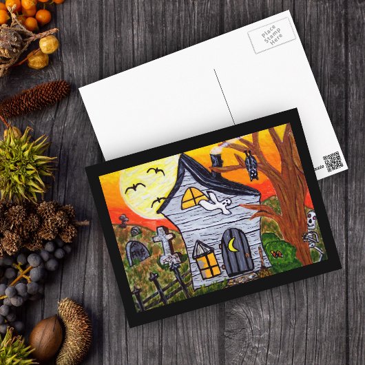Halloween Folk Art Spuk House Szene Postkarte