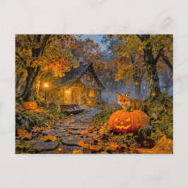 Halloween Forest Cottage with Fox Postkarte
