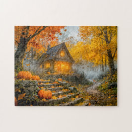 Halloween Forest Cottage with Pumpkins, Stone Path Puzzle