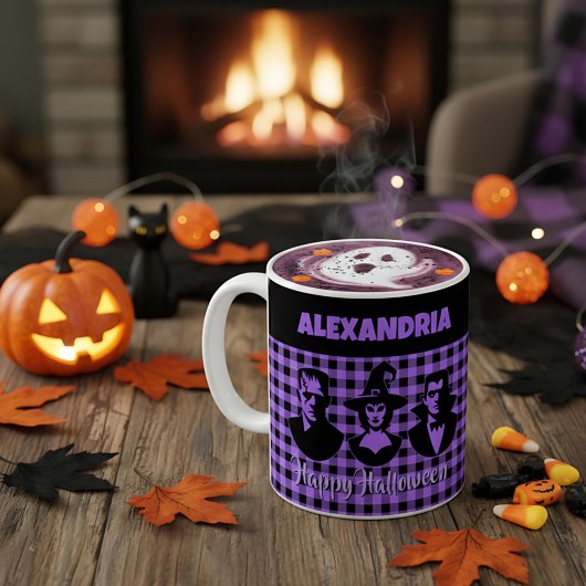 Halloween Frankenstein Hexe Vampir Lila Kariert Kaffeetasse