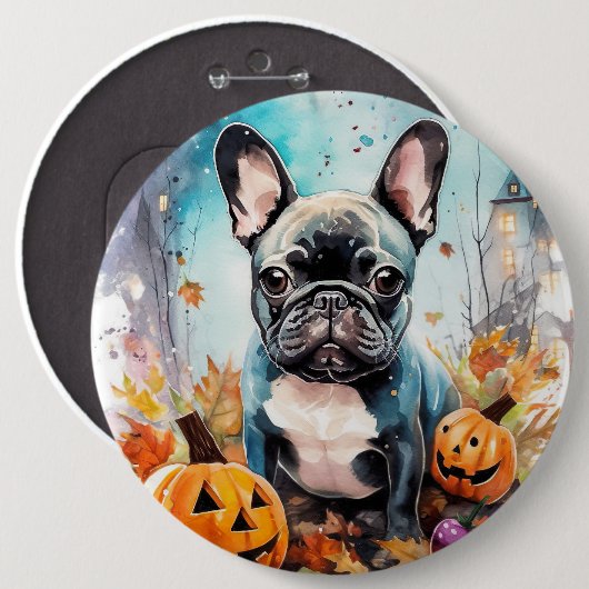 Halloween French Bulldog mit Pumpkins Beängstigend Button (Vorne & Hinten)