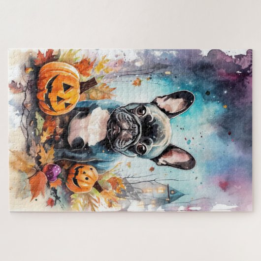 Halloween French Bulldog mit Pumpkins Beängstigend Puzzle (Horizontal)