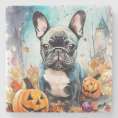 Halloween French Bulldog mit Pumpkins Beängstigend Steinuntersetzer (Vorderseite)