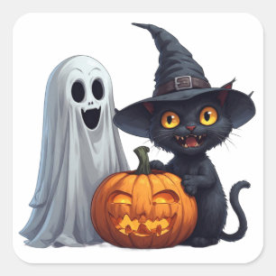 Halloween-Freunde mit Kürbis und schwarzer Katze � Quadratischer Aufkleber