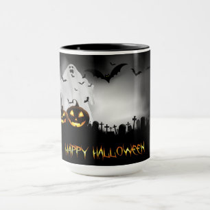 Halloween-Friedhof, Geisterhaus-Jack-Laternen und Tasse
