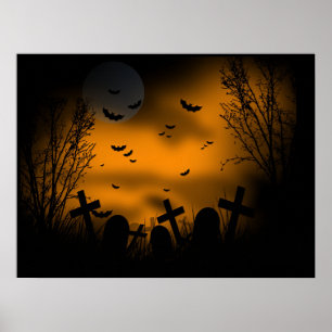 Halloween-Friedhof mit Fledermäusen und Grabstein Poster