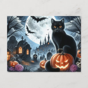 Halloween-Friedhof mit schwarzer Katzen-Postkarte Postkarte