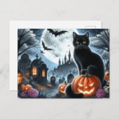 Halloween-Friedhof mit Schwarzkatzenpostkarte Postkarte (Vorne/Hinten)