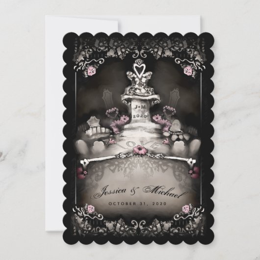 Halloween-Friedhofs-Liebe-Rosa-Blumenhochzeit Einladung (Vorderseite)