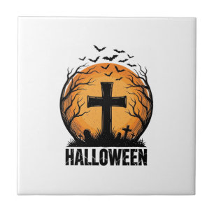 Halloween-Friedhofsfledermäuse Vintage-Mond-Shirt- Fliese