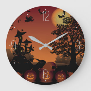 Halloween-Friedhofsszenenkürbis-Schlägermond Große Wanduhr