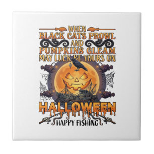 Halloween Frohe Fischerei Schwarze Katzen Kürbisse Fliese