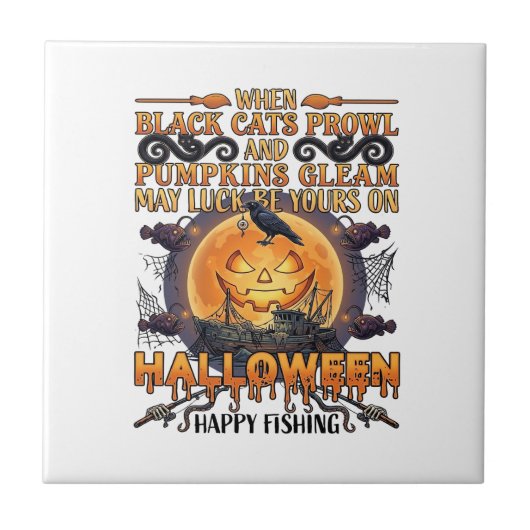Halloween Frohe Fischerei Schwarze Katzen Kürbisse Fliese (Vorderseite)