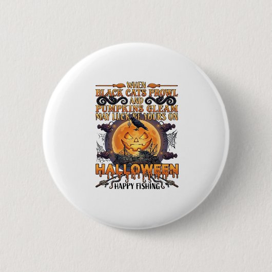 Halloween Fröhliches Fischen Schwarze Katzen Kürbi Button (Vorderseite)