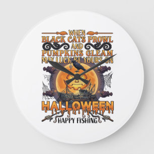 Halloween Fröhliches Fischen Schwarze Katzen Kürbi Große Wanduhr
