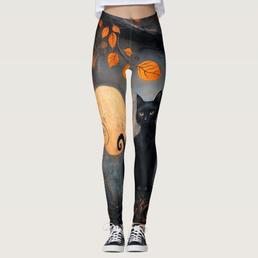 Halloween Full Moon Black Cat Verzierter Herbst Leggings (Vorderseite)