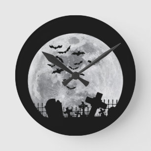 Halloween Full Moon Friedhof Graveyard Spooky Bats Runde Wanduhr
