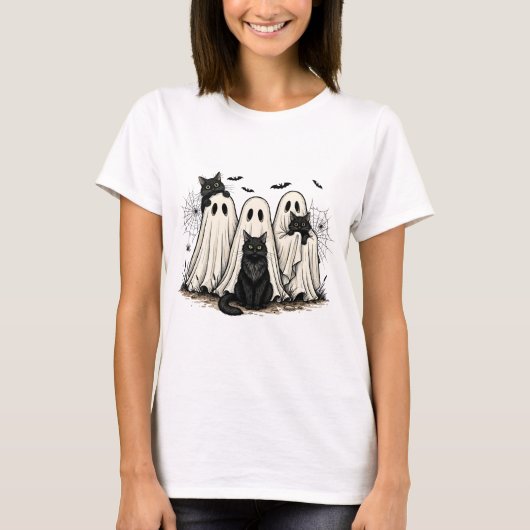 Halloween Fun T - Shirt - Geist und Schwarze Katze (Vorderseite)