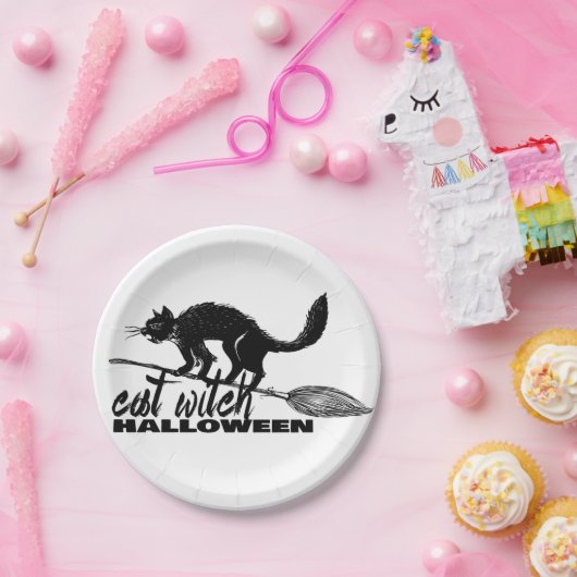 Halloween Funny Cat Hexe auf Broomstick Pappteller (Party)