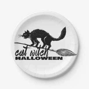 Halloween Funny Cat Hexe auf Broomstick Pappteller