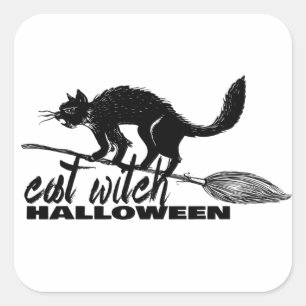 Halloween Funny Cat Hexe auf Broomstick Quadratischer Aufkleber