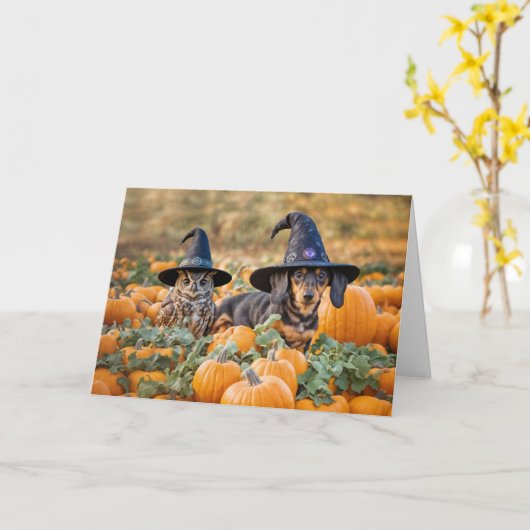 Halloween Funny mit Niedlichem Owl und Dackel Karte (Gelbe Blume)