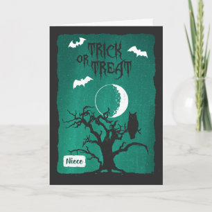 Halloween für Nichte, Owl Crooked Tree Moon & Bats Karte